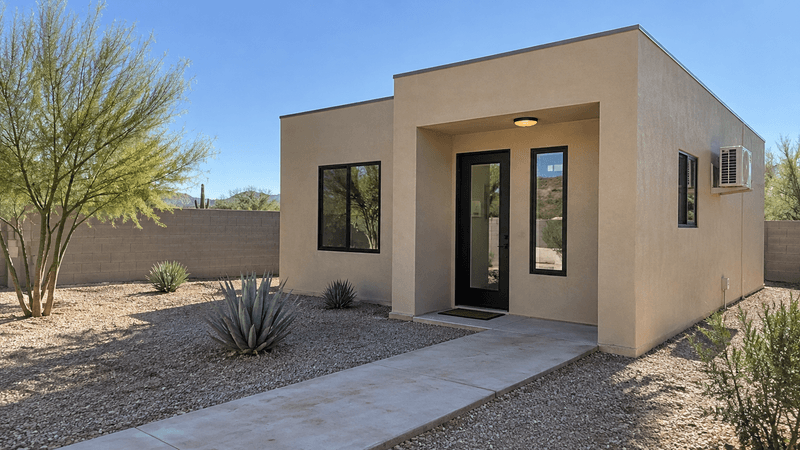 Design concept of a beige stucco casita with a black entry door and desert landscaping.