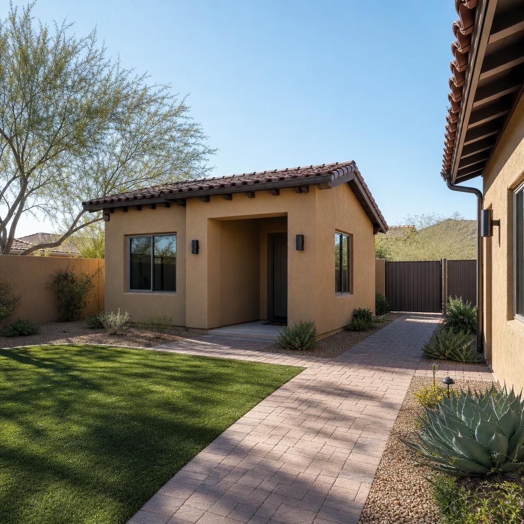Detached casita exterior blending with desert landscaping