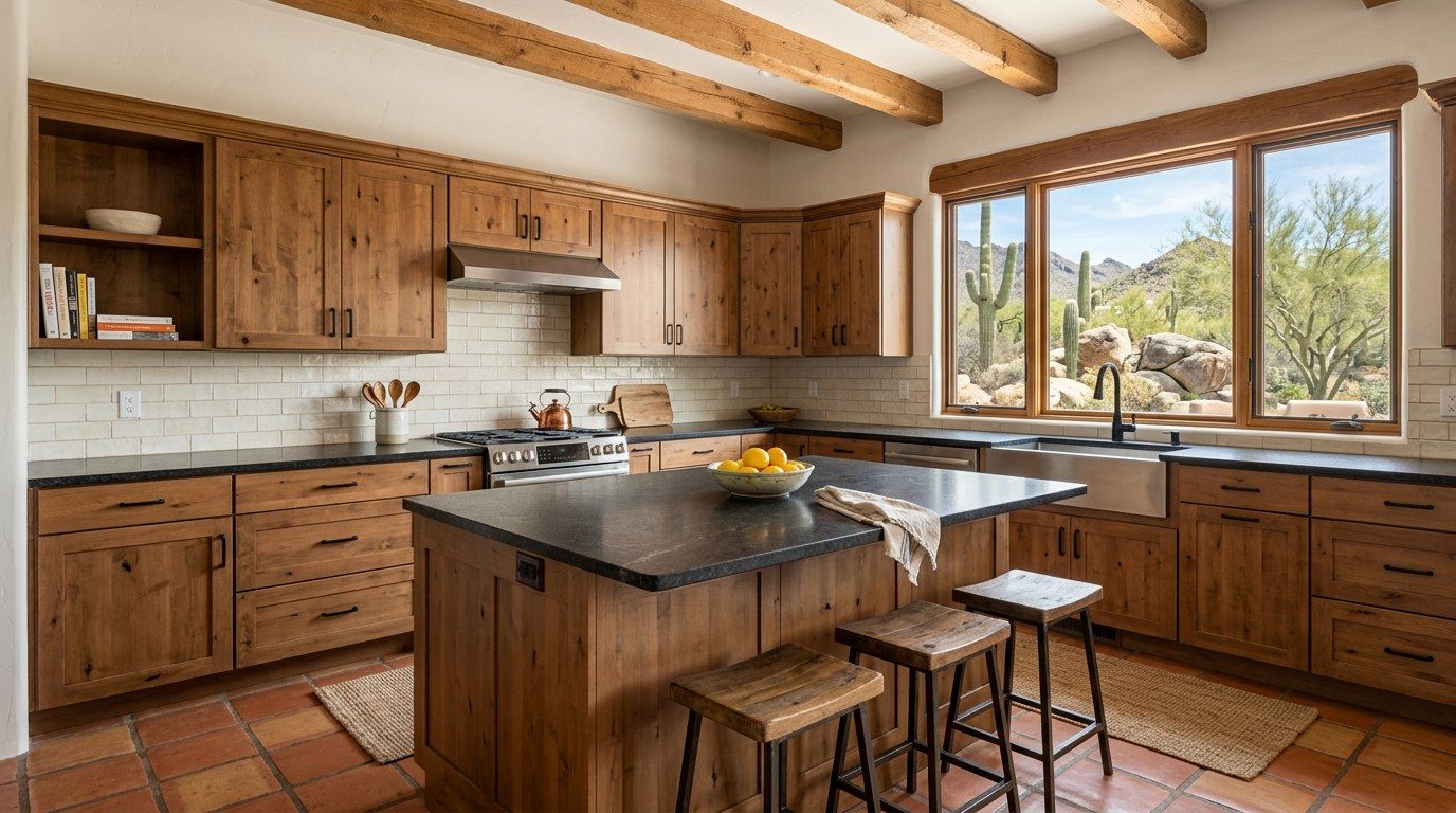 Design concept: Southwest kitchen with wood beams, alder cabinets and a window to saguaros and boulders