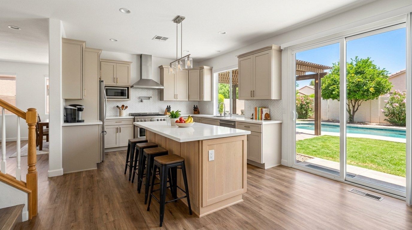 Design concept: family kitchen with a large white-oak island, quartz counters and a door to a backyard pool