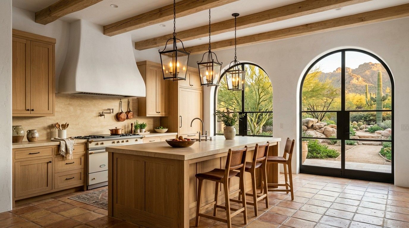 Design concept: Santa Barbara-style kitchen with a plaster hood, wood beams and arched windows to the mountains