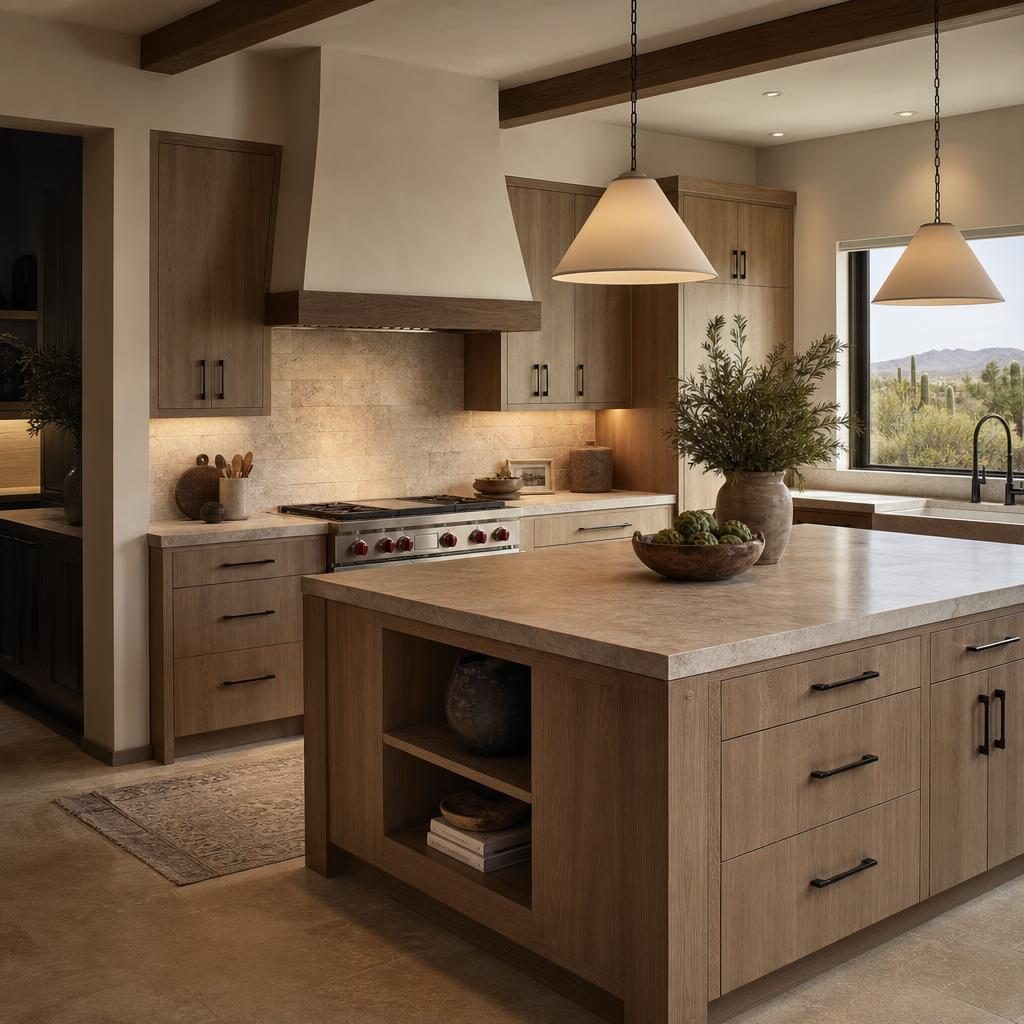 Scottsdale inspired remodeled kitchen centered on a large wood island