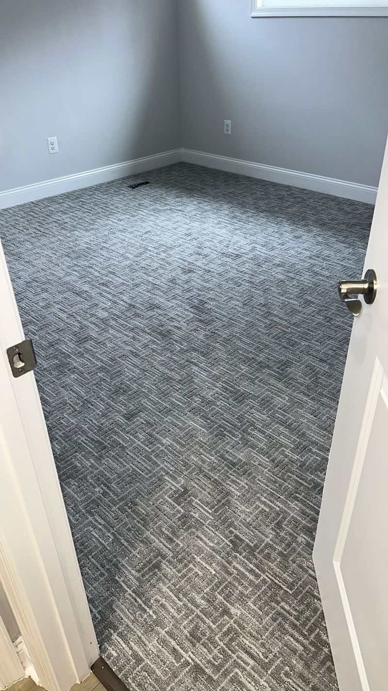 Finished gray carpet in a room with light walls and white baseboards