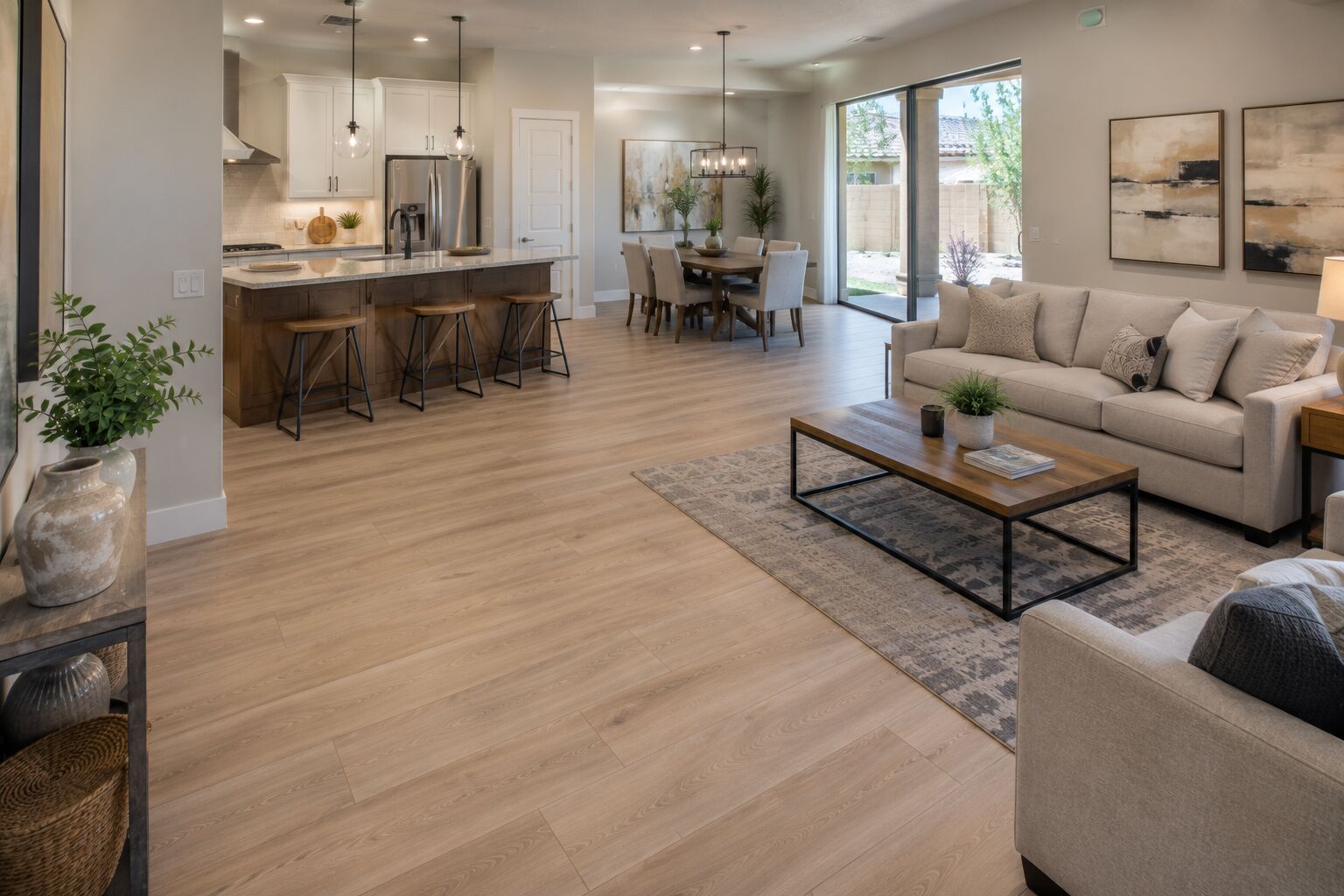 Design concept: light wood plank flooring in an open living space with a kitchen island