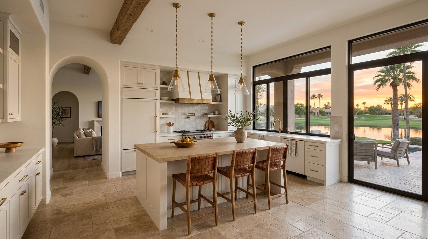 Design concept: villa kitchen with a kept arch, light cabinets and glass doors to palms, a lake and a fairway