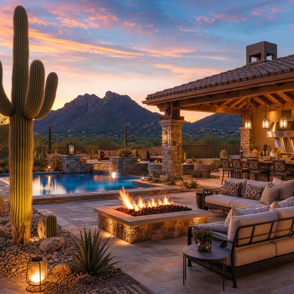 Design concept: desert backyard with a pool, fire table, covered outdoor kitchen and mountain view at sunset