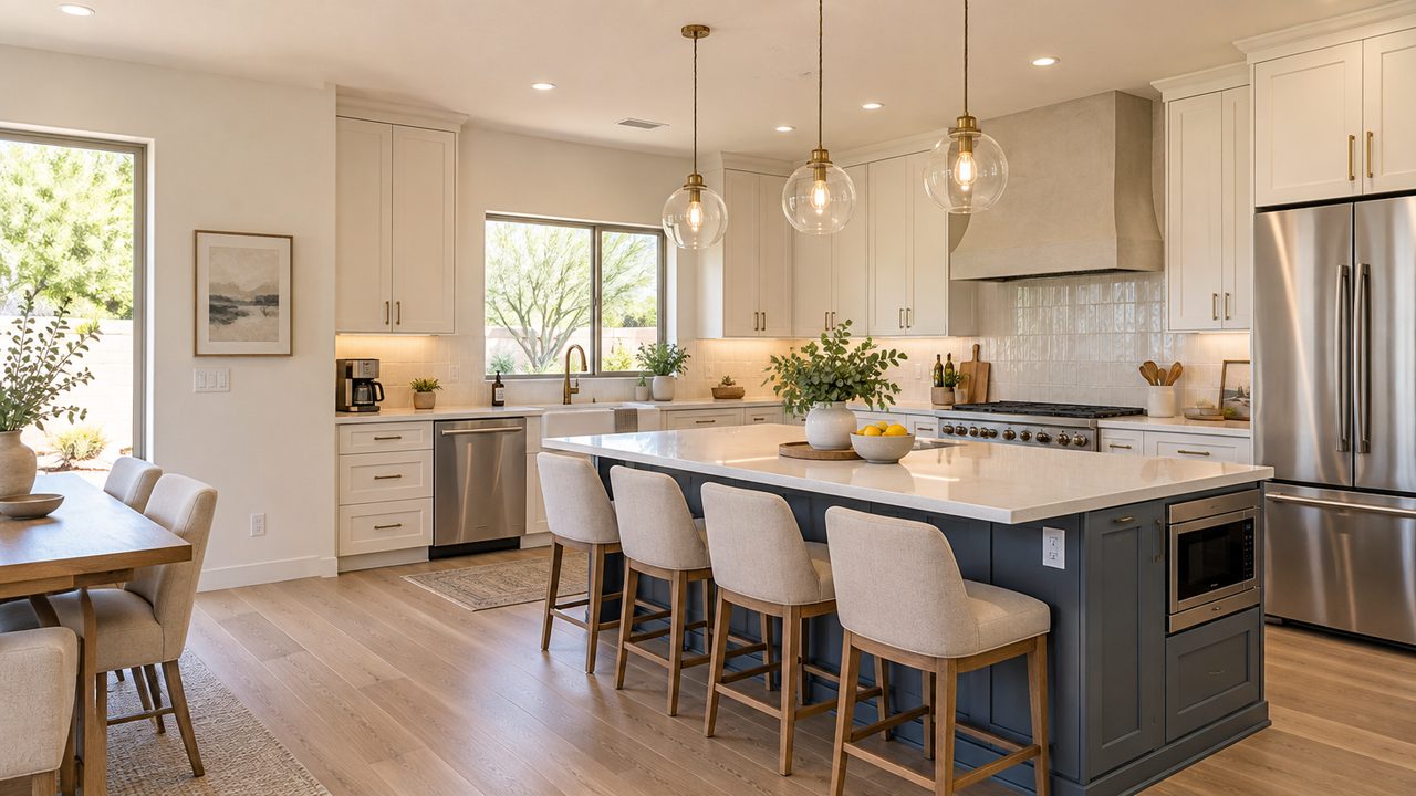 Remodeled kitchen with slate blue island and white shaker cabinets – design inspiration