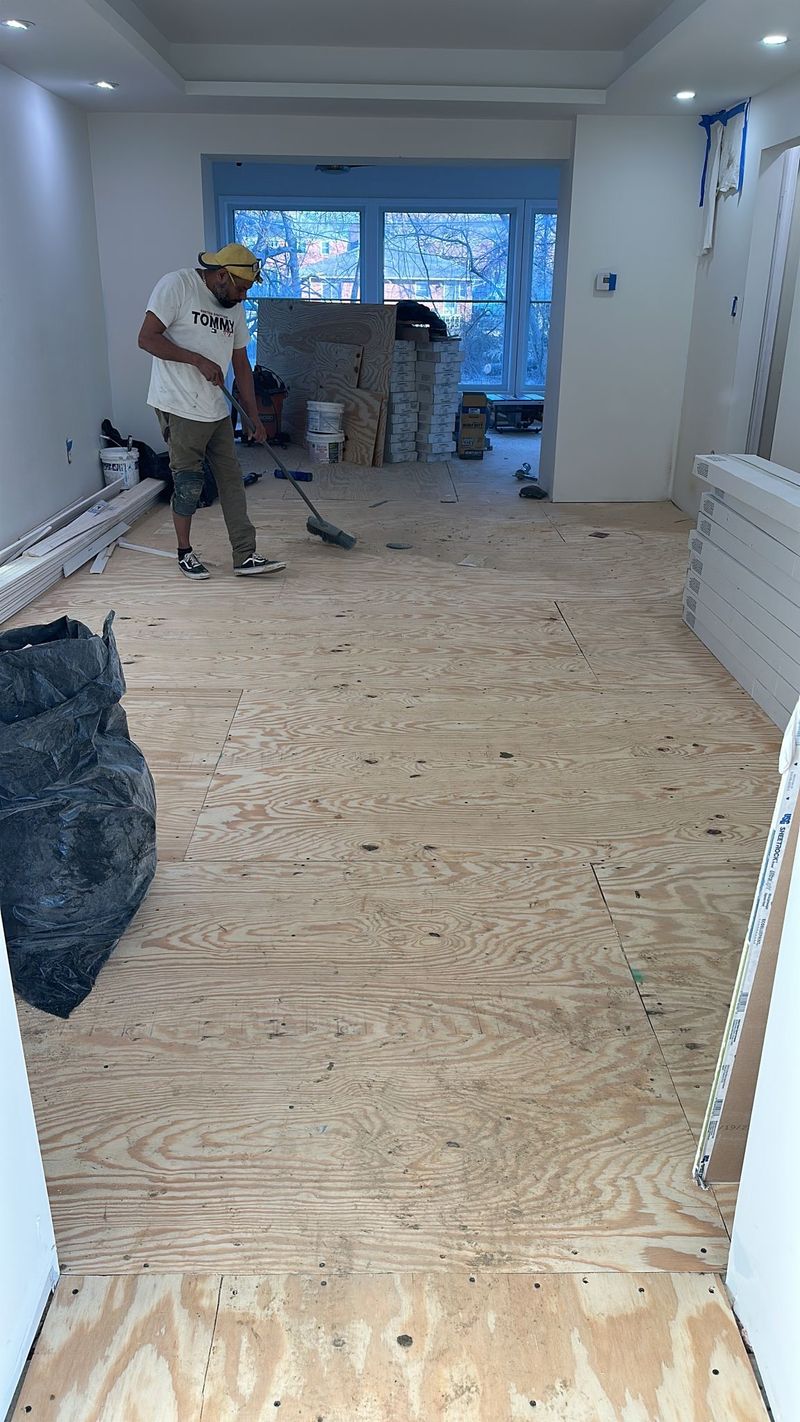 Exposed floor surface prepared for hardwood installation