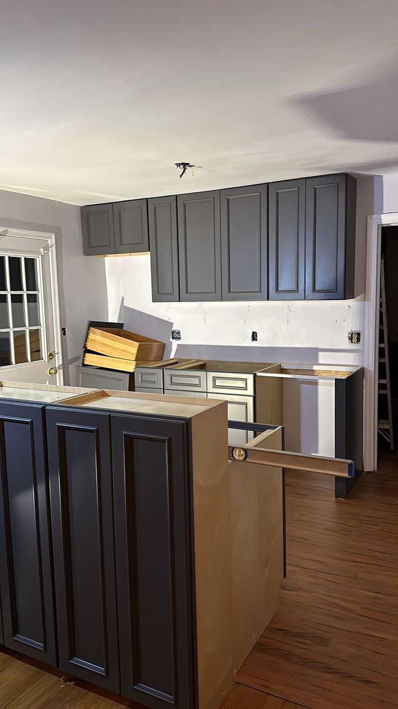 Base cabinets set and leveled
