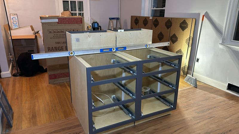 Island cabinets set and leveled
