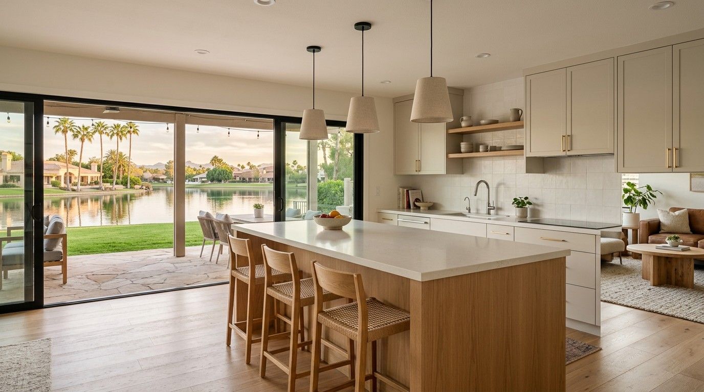 Design concept: opened kitchen in a single-story home with sliding doors to a lakeside patio and palms
