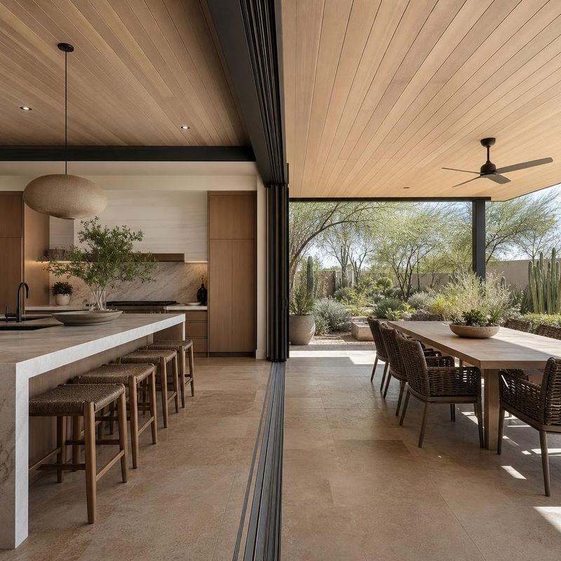 Design concept: open kitchen with a stone island and a sliding glass wall leading to a covered outdoor dining table