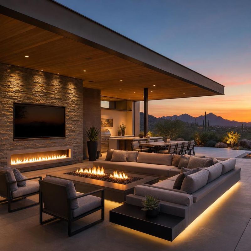 Design concept: outdoor lounge with a linear fireplace, a stone media wall and a fire table at dusk
