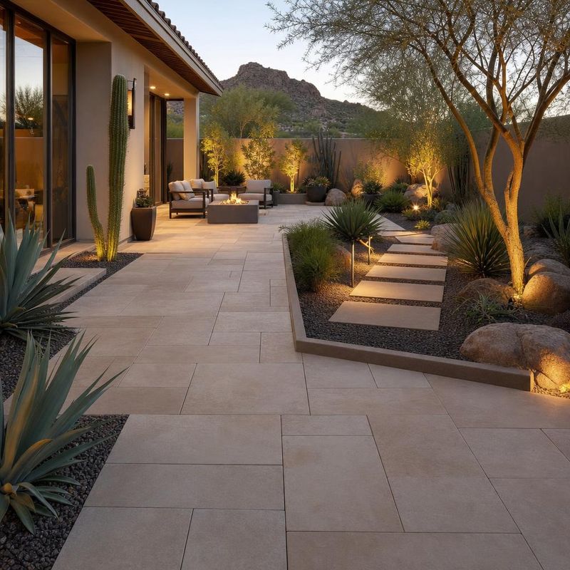 Design concept: large format paver patio with a fire table and desert landscaping