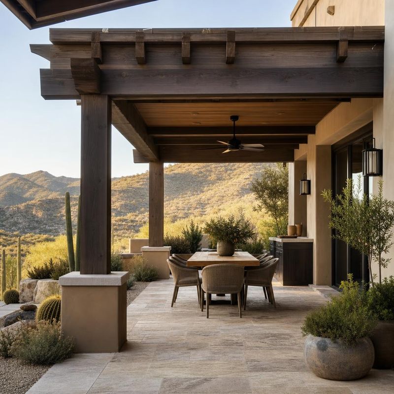 Design concept: timber pergola over a patio dining table with desert hills beyond
