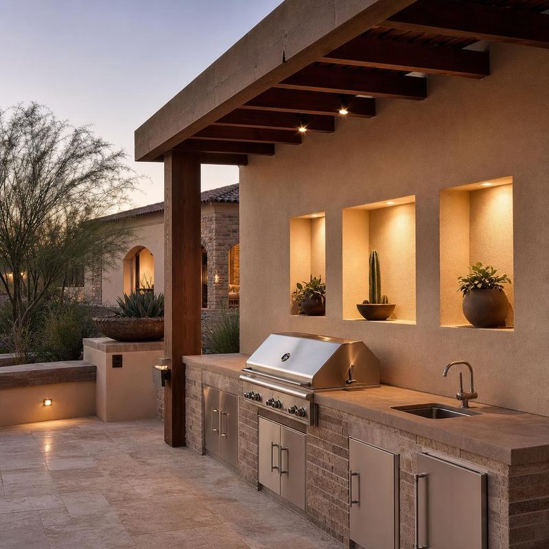 Design concept: stucco wall with lit niches above an outdoor grill and sink under a timber shade structure