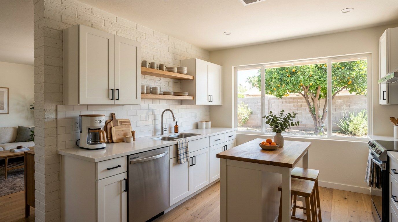 Design concept: remodeled ranch-home kitchen with a white brick wall, open shelves and a window to an orange tree