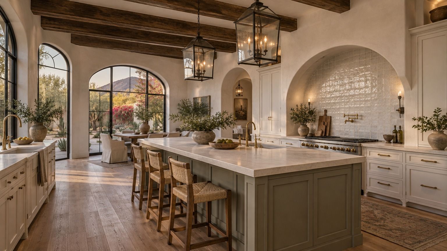 Design concept: hacienda-style kitchen with wood ceiling beams, a sage island, lantern pendants and arched windows