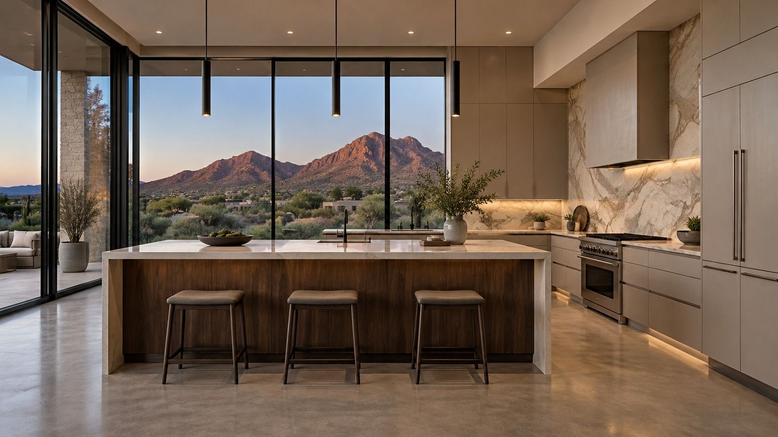 Design concept: modern kitchen with a walnut island, stone backsplash and a window wall facing a desert mountain