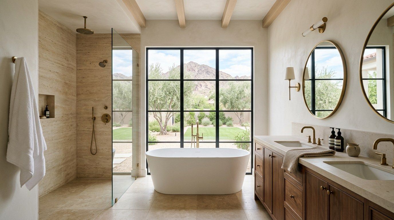 Design concept: primary bathroom with a freestanding tub, a stone walk-in shower and a window to a garden and mountains