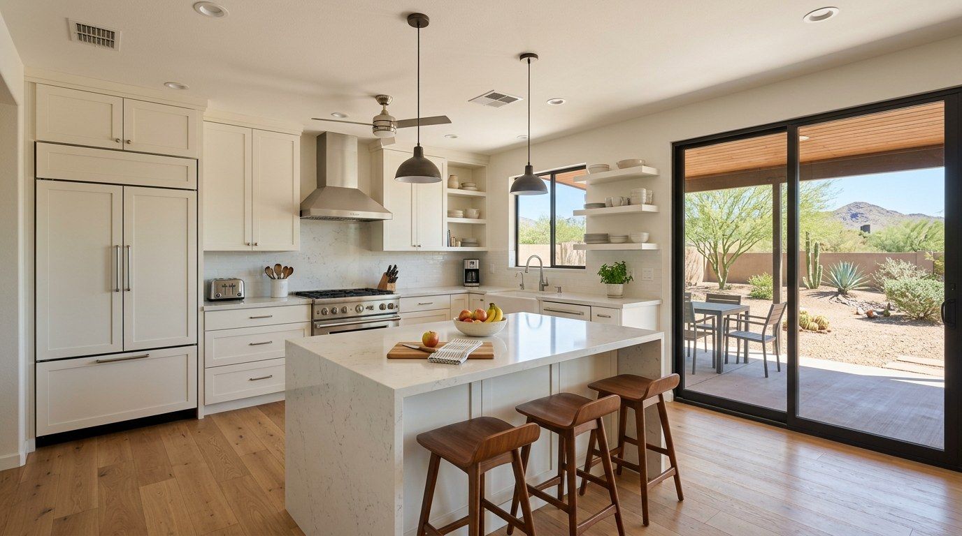 Design concept: remodeled kitchen with white cabinets, a quartz island and a sliding door to a desert backyard