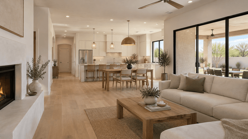Design concept of an open plan living room with a beige sectional sofa, dining area, white kitchen and sliding glass doors.