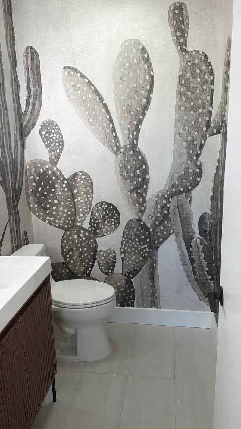Finished cactus mural powder room viewed from the doorway